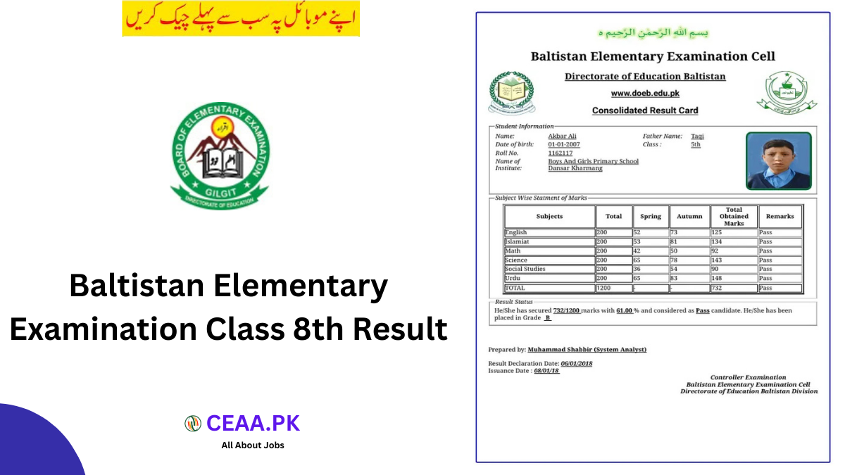 Baltistan Elementary Examination Class 8th Result